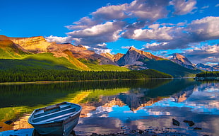 boat on shore with mountain view HD wallpaper