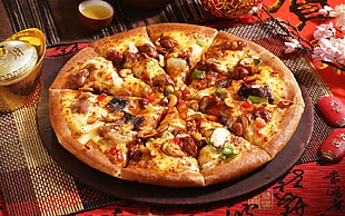 overload slice pizza on round wooden tray HD wallpaper