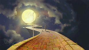 person walking on red concrete pathway across moon HD wallpaper