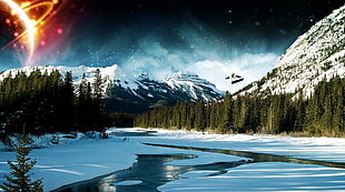 snow-covered mountains and green trees, landscape, digital art, space art, nature