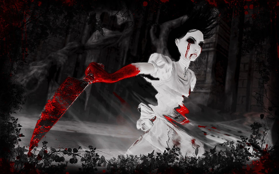 person holding bloody knife illustration, video games, Alice: Madness Returns, Alice, Alice in Wonderland HD wallpaper