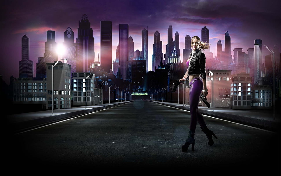 girl in black jacket and purple leggings holding pistol illustration HD wallpaper