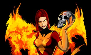 red-haired female anime character, skull, fantasy art, artwork, Marvel Comics
