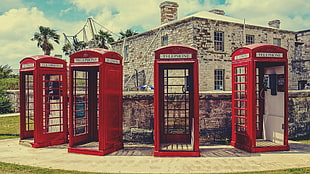 four red telephone booths, phone, vintage, Retro style, red HD wallpaper