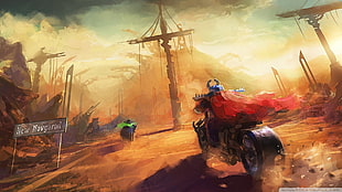 man in red cape chasing man in green cape on motorcycle painting, apocalyptic