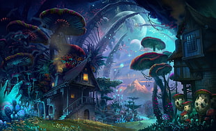 house under mushroom artwork, fantasy art, artwork, Mushroom Forest HD wallpaper