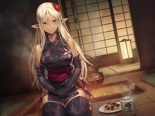 female character kneeling digital wallpaper, kimono, pointed ears, thigh-highs