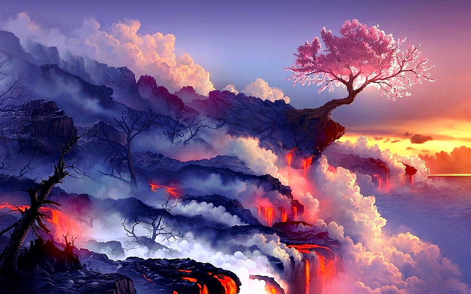 tree on edge with flowing lava illustration, sunset, fantasy art, lava, trees HD wallpaper