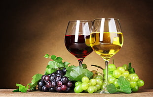 photo of two clear wine glass with wine and grapes