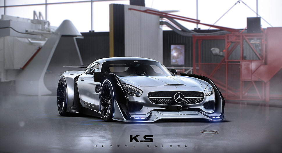 silver Mercedes-Benz car, artwork, Khyzyl Saleem, car HD wallpaper