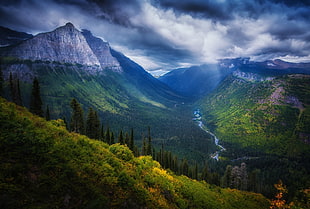 green and gray mountain painting, valley, mountains, forest, river