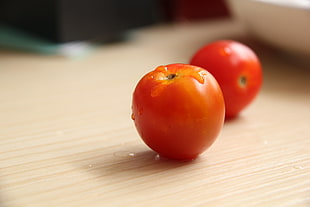 two red tomatoes, red, food, tomatoes HD wallpaper