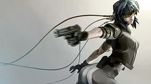 female animated character holding gun with sunglasses digital wallpaper