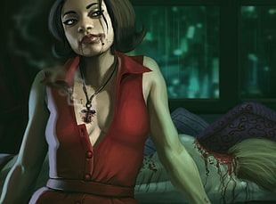 vampire girl wearing red sleeveless top graphic HD wallpaper