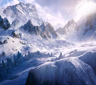 snow covered mountain, ice, artwork