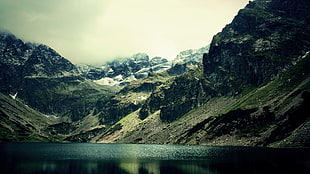 rock mountain, landscape, nature, lake, mountains HD wallpaper