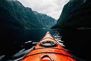 orange canoe, nature, canoes, mountains, water