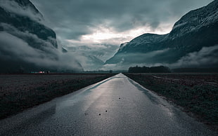 gray concrete road, road, mist, mountains, landscape