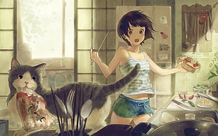 black hair anime girl making lunch illustration HD wallpaper