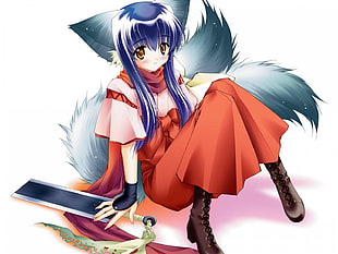 blue haired female anime character with cat ears and tail