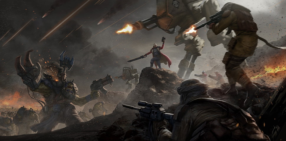 soldiers holding guns against monster illustration, fantasy art, battle, artwork, Warhammer 40,000 HD wallpaper