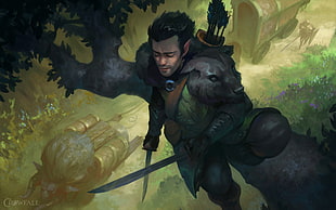 man wearing green and gray coat illustration, fantasy art, archer, sword, Dave Greco