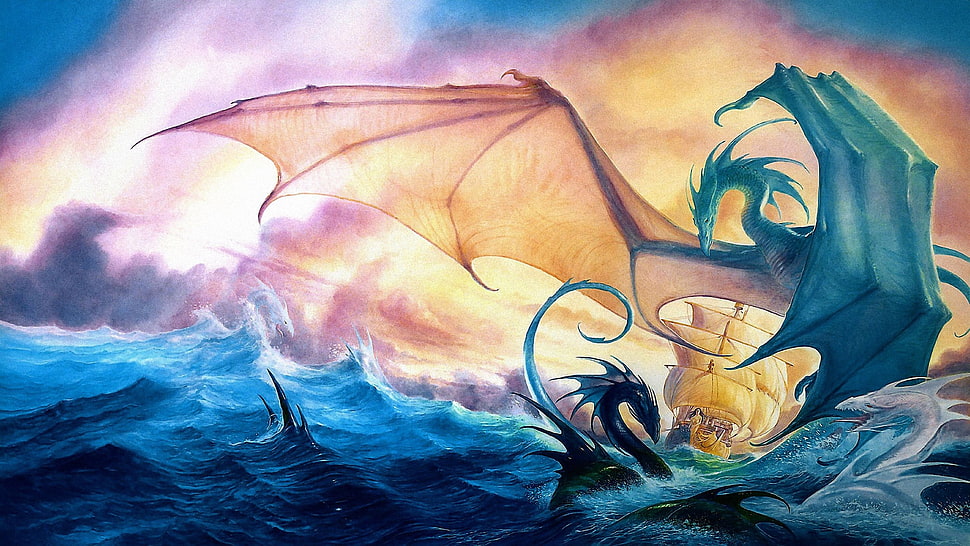 dragon on sea painting, fantasy art, dragon HD wallpaper
