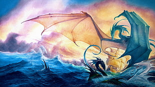 dragon on sea painting, fantasy art, dragon