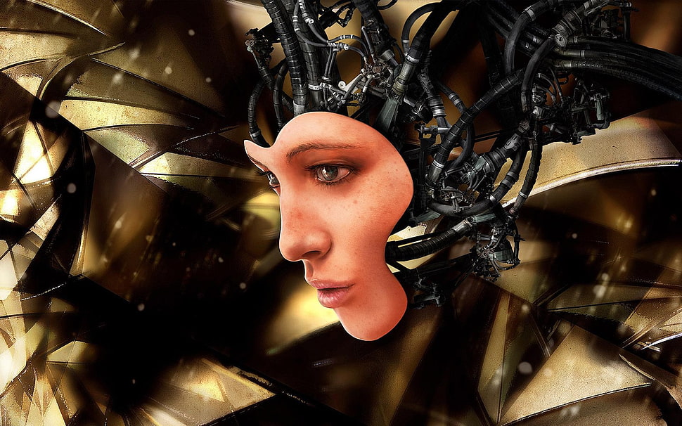 person's face, machine, artwork, science fiction HD wallpaper