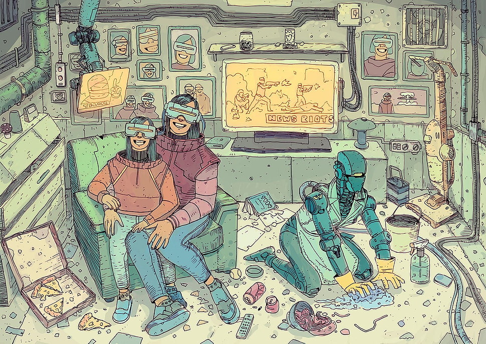 people sitting on sofa chair while robot cleaning digital wallpaper, drawing HD wallpaper