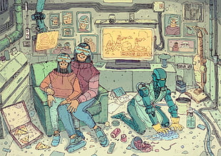 people sitting on sofa chair while robot cleaning digital wallpaper, drawing