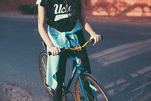 blue commuter bike, Girl, Bicycle, Sport HD wallpaper