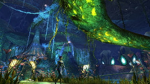 character man walking beside lighted tree wallpaper, Guild Wars, video games, screen shot, Sylvari