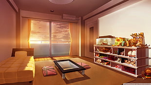 rectangular black based glass-top coffee table, anime, city, Japan, room