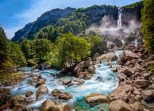 waterfalls with mountain ranges nearby, landscape, water, waterfall
