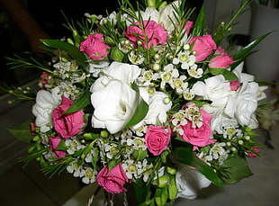 pink, green, and white flower arrangement