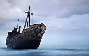 brown and white sailing ship, shipwreck, old ship, beach, sea