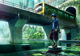 blue haired anime character digital wallpaper, train, fishing, original characters