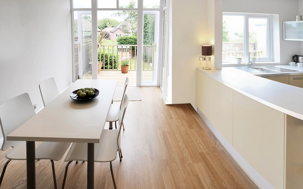 5-piece white wooden dining set HD wallpaper