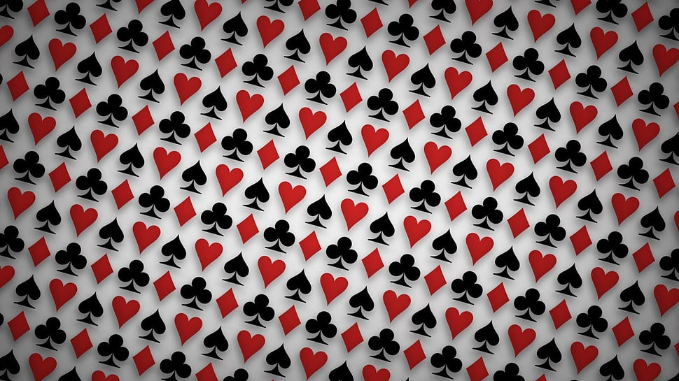 white, red, and black playing card print textile, heart, spades, playing cards, pattern HD wallpaper
