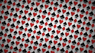 white, red, and black playing card print textile, heart, spades, playing cards, pattern
