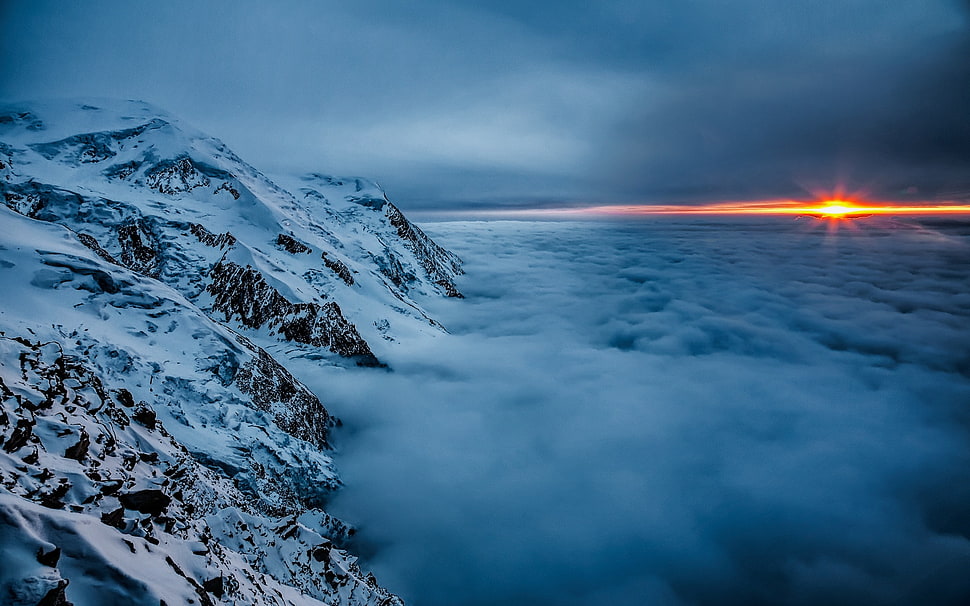 white and gray mountain, nature, landscape, sunset, clouds HD wallpaper