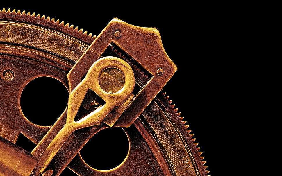 brass-colored key, photography, macro, machine, vintage HD wallpaper