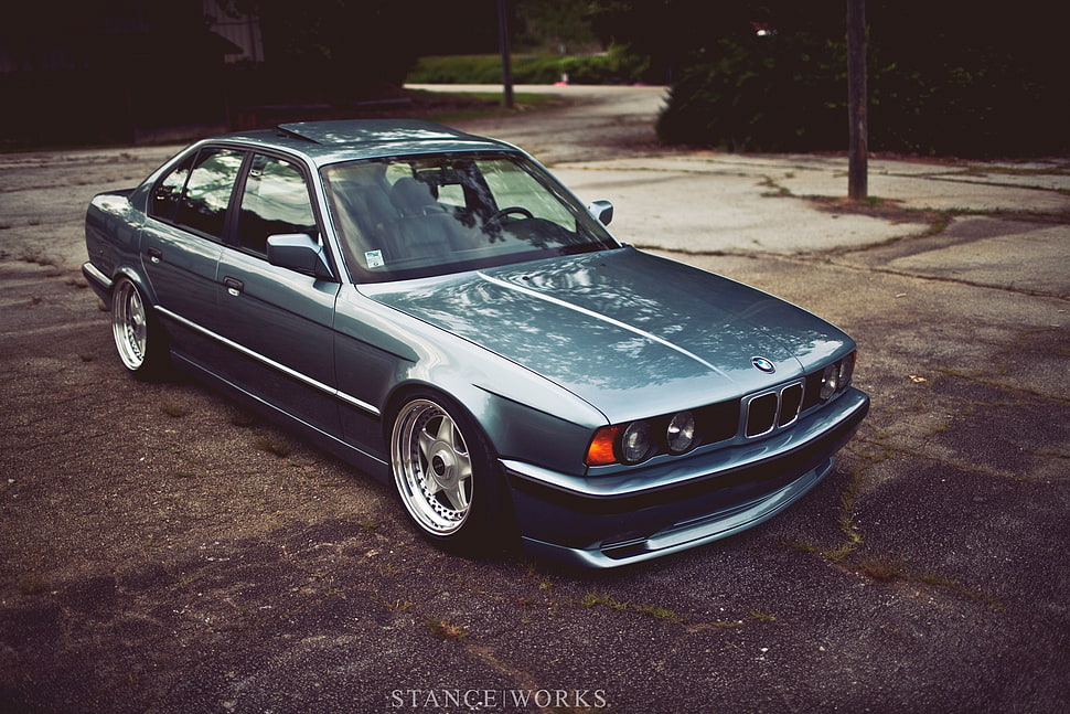 blue BMW sedan, BMW, e34, BMW E34, typography HD wallpaper
