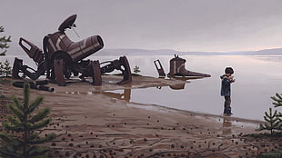 boy standing on seashore painting, drawing, Simon Stålenhag, futuristic, robot