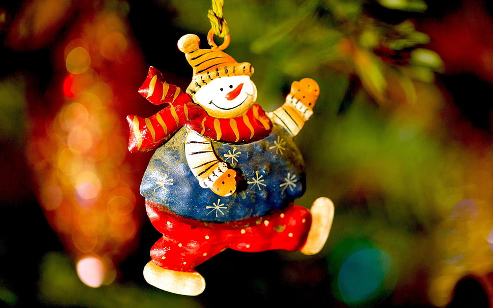 snowman wearing red scarf christmas bauble, New Year, snow HD wallpaper