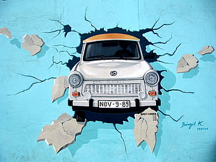 car breaks the wall painting HD wallpaper