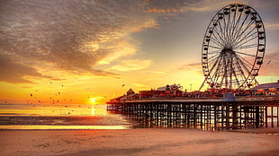 black ferris wheel, sunset, beach, ferris wheel, UK HD wallpaper