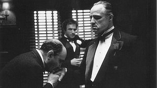 gray scale photo of man wearing suit jacket, The Godfather, monochrome, film stills, Marlon Brando