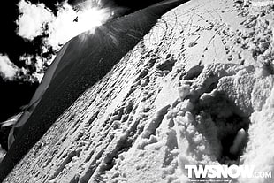 grayscale black and white mountain photo, winter, snow, snowboard, monochrome